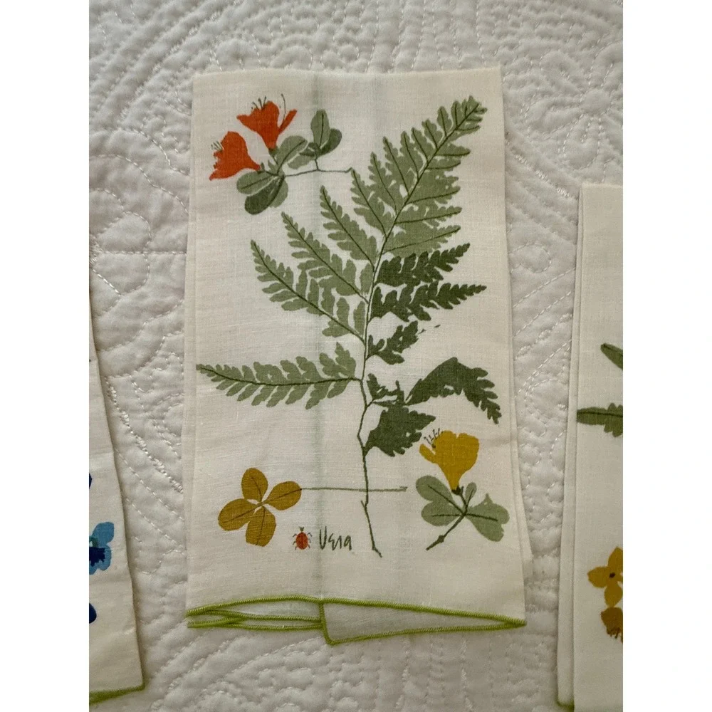 Vera Neumann Lot 4 RARE NOS Fingertip Tea Towels Botanical Linen MCM 1960s